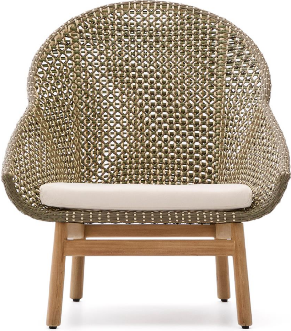 Udendørs lænestol Kave Home Olbia grøn teak/rattan med aftagelig vandafvisende pude H95ÃB86ÃD86 cm